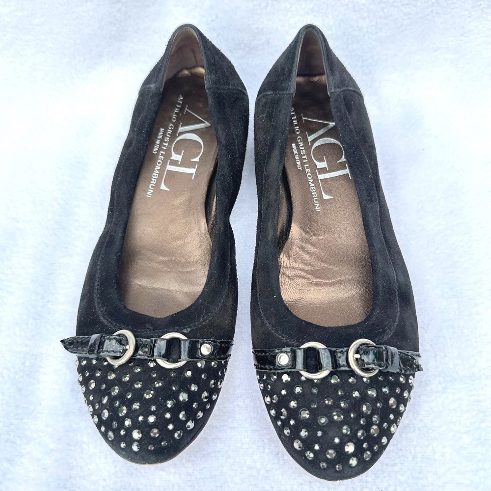 AGL Ballet Flats Womens 38 Black‎ Suede Studded Buckle Made in Italy